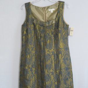 NWT Coldwater Creek Gold & Slate Blue Gray Jacquard Sheath Dress Size 10